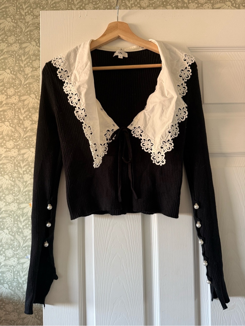 LPA Black Ribbed Sweater with White Floral Eyelet Collar